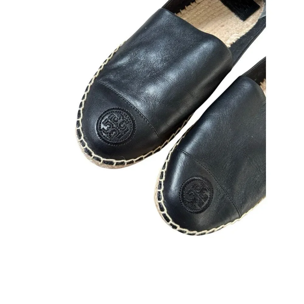 Tory Burch Black Nappa‎ Leather Espadrille Flats 9.5